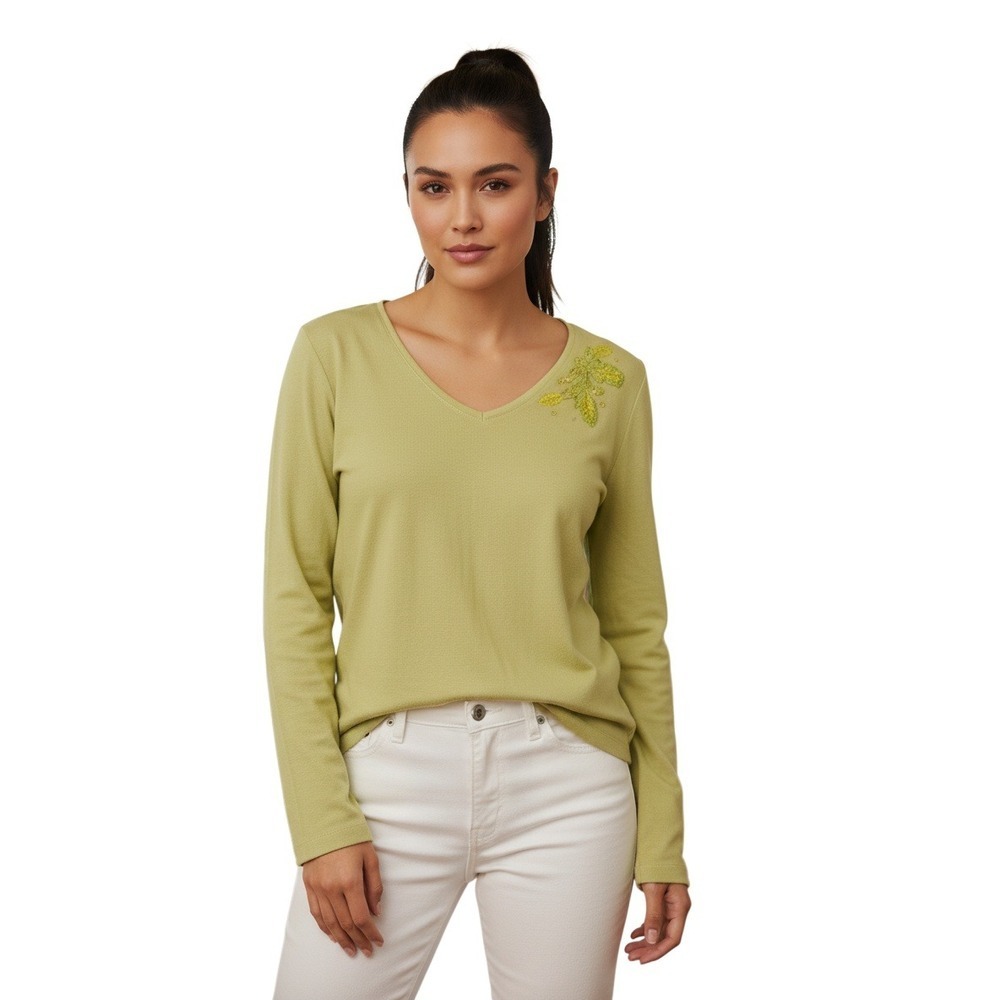 Liz Claiborne Studio 76% Silk Green V-Neck Long Sleeve Top M Casual Cottage